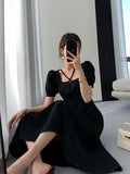 Hulianfu Summer Women Fashion Elegant Casual Solid Puff Sleeve Midi Dresses Evening Office Lady Female A Line Clothes Vestdios Black