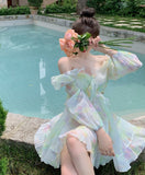 Hulianfu France Sweet Tie-dyed Fairy Dress Women Elegant Chic Ruffles V-Neck Long Sleeve Princess Dresses Female Casual Beach Vestidos