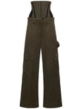 Women Wide Leg Pants High Waist Two Piece Detachable Corset Boning Loose Fit Unisex Olive Cargo Pants