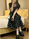 Hulianfu Vintage Black Square Collar Bandage Puff Sleeve Print Chiffon Midi Maxi Dresses for Women Party Dress Korea Clothing Summer