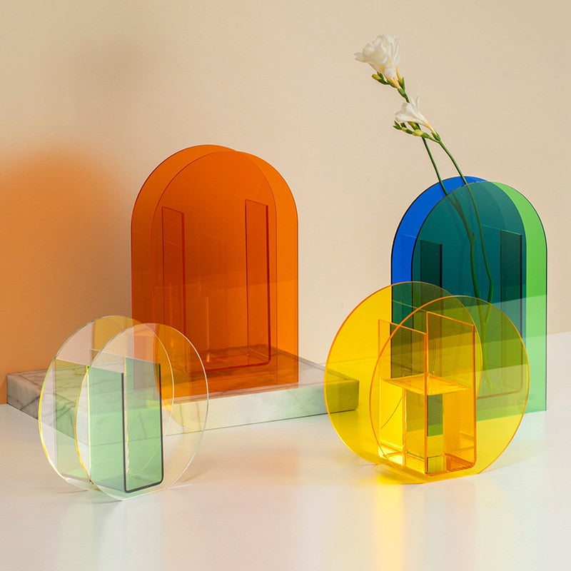 HULIANFU Rainbow Color Acrylic Vases Floral Container Decorative Shop Design Wedding Party Home Office Decoration