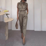 Two Piece Sets Women Summer  Elegant Sleeveless Chic Long Pants Sets Tie Neck Belt Solid Office Outfit With Pocket