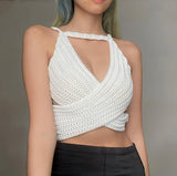 Knitted Crop Top Y2K Backless Strap Tank Tops Sexy Summer Sleeveless Beach Cami V Neck Fashion Angel-wing-like Top