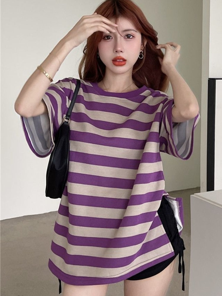 Hulianfu Striped T-shirts Women Slit M-4XL Streetwear Loose Summer Simple Short Sleeve All-match Students Ulzzang Fashion Casual Ins BF