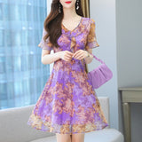 hulianfu Women Chiffon Summer Print Floral Dress Casual  New V-Neck Short Sleeve Elegant Party Dresses Ladies Clothing Vestidos robe