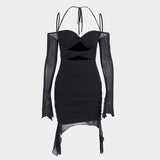 Hulianfu Double Layer Flare Sleeve Mesh Dress Sexy Elegant Off The Shoulder Holiday Birthday Party Dresses Black Women Dress