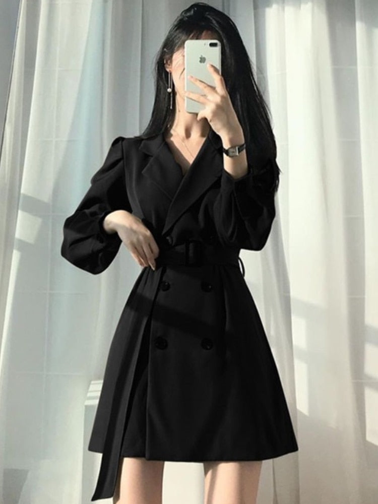 Hulianfu Vintage Notched Black Long Sleeve Jacket Slim Blazer Mini Dresses for Women Korean Fashion Sexy Casual Bodycon Dress Autumn