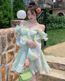 Hulianfu France Sweet Tie-dyed Fairy Dress Women Elegant Chic Ruffles V-Neck Long Sleeve Princess Dresses Female Casual Beach Vestidos