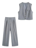 Hulianfu Suits Spring OL Style Sets Women Casual 2 Piece Sleeveless Blazer Cropped V Neck Vest + Loose Long Pants Grey