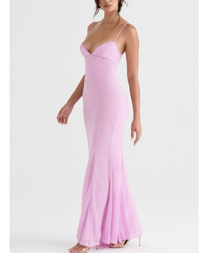 hulianfu Sexy V Neck Sling Backless Maxi Mermaid Dress Elegant Pink Spaghetti Strap Bodycon Long Dress Mermaid Gown Celebrity Party Dress