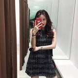 Hulianfu Vintage Summer Women Tweed Bandage Dresses for Women Party Sleeveless Bow O-Neck Plaid Elegant Casual Empire Bodycon Short Dress