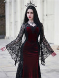 Gothic Dark Mesh Midi Dress Women Victorian Costume Velvet Robe Renaissance Witch Medieval Dresses Cosplay Wizard Halloween Y2k