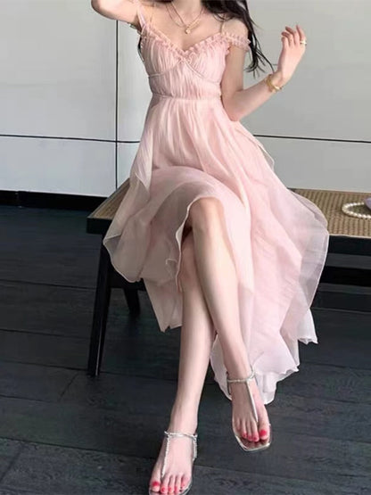 Hulianfu Harajuku French Korean Sweet V-Neck Camisole Sleeveless Sexy Strap Midi Maxi Dresses for Women Elegant Fairy Party Summer Pink