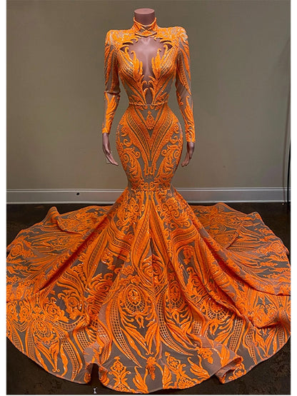 Hulianfu Orange Mermaid Evening Gowns  Party Dress For Womens Blingbling Applique Long Sleeves Occasion Gown Robe De Soir¨¦e