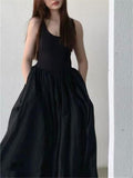 Black Long Tank Dress Women Spring Summer O Neck Floor-length Office Lady Casual Pockets Dresses  New Female Clothing