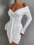 Hulianfu Sexy Tight Long Sleeve Short Club Dress White Evening Bodycon Dresses For Women Off Shoulder Party Mini Dress