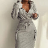 hulianfu Christmas Autumn Winter Casual Long Sleeve V Neck Lowcut Grey Dress Flap Detail Drawstring Waist Hooded Sweatshirt Dress