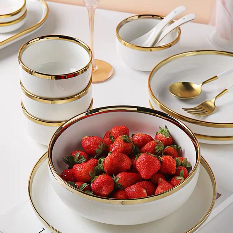 HULIANFU White Tableware Set Ceramic Dinner Plates Dishes Plates and Bowls Set Food Plate Salad Soup Bowl Dinnerware Set for Restaurant