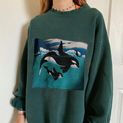 hulianfu Street Fashion Whale Print Pullovers Women Spring Autumn Indie Y2k O Neck Long Sleeve Loose Sweatshirts Vintage Tops New
