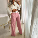 Women Two Piece Set Fashion Solid Long Sleeve Lapel V Neck High Single Button Short Top Loose With Pockets Pants Sets