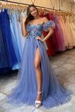 Dusty Blue Evening Dresses Sparkly Bling High Slit Sweetheart Floral A Line Puffy Sleeves Formal Party Prom Gowns Custom made