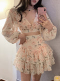 hulianfu  New Summer Sweet Girl Print Two Piece Set Women V-neck Backless Sexy Crop Top + Cake Skirts Sets Vacation Beach 2 Piece Suits