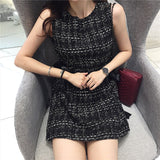 Hulianfu Vintage Summer Women Tweed Bandage Dresses for Women Party Sleeveless Bow O-Neck Plaid Elegant Casual Empire Bodycon Short Dress