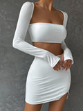 Hulianfu 2 PCS Sexy White Mini Dress Set Long Sleeve Top Summer Skirts Suits Bodycon Women Party Short Split Dress Suit