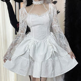 Halter Halloween Cosplay Costumes Gothic Lolita Party Dress White Black Flare Sleeve Fairy Princess Ruffle Cake Kawaii Dresses