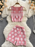 Summer Sweet Flowers Knitted Two Piece Set Women Sexy Crop Top + Shorts Suits Girls Short Vest & Pants Sets 2pcs Women Outfits