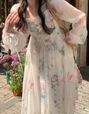 Hulianfu Print Midi Dresses for Women 2023 Fairycore Square Collar Long Sleeve Vintage Dress New Fashion Elegant Party Dresses