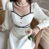 Hulianfu Vintage Button Dresses for Women Fairy Midi Party Dress Evening Office Lady Design One Piece Dress Elegant Korean Spring