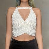 Knitted Crop Top Y2K Backless Strap Tank Tops Sexy Summer Sleeveless Beach Cami V Neck Fashion Angel-wing-like Top