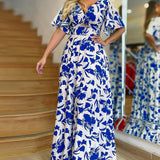 hulianfu Women Long Dress Printed Ruffle Mid Sleeve Cutout High Waist Long Skirt Maxi Beach Dresses