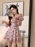 Hulianfu Vintage Sweet Korean Fashion Floral Bodycon Mini Dress for Women Party Beach Long Sleeve Casual Dresses Elegant Summer 2023 Pink