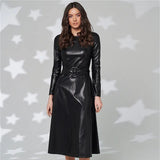 New Fashion Belt Faux Leather Dresses Women Long Sleeve Slim Fit PU Dress Sexy Club Wear New Arrival Autumn Winter