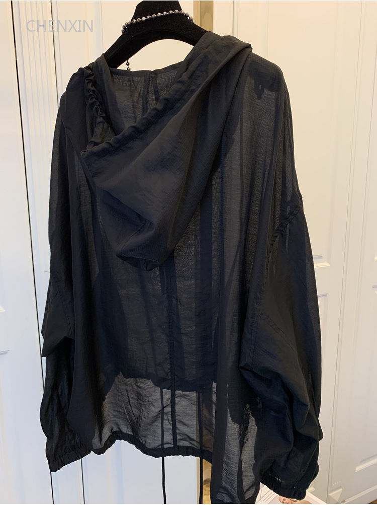 Hulianfu Women Jackets Hooded Summer Sun-proof Zipper Coats Thin Loose See Through Outerwear Breathable Outwear Lightweight Clothes Black