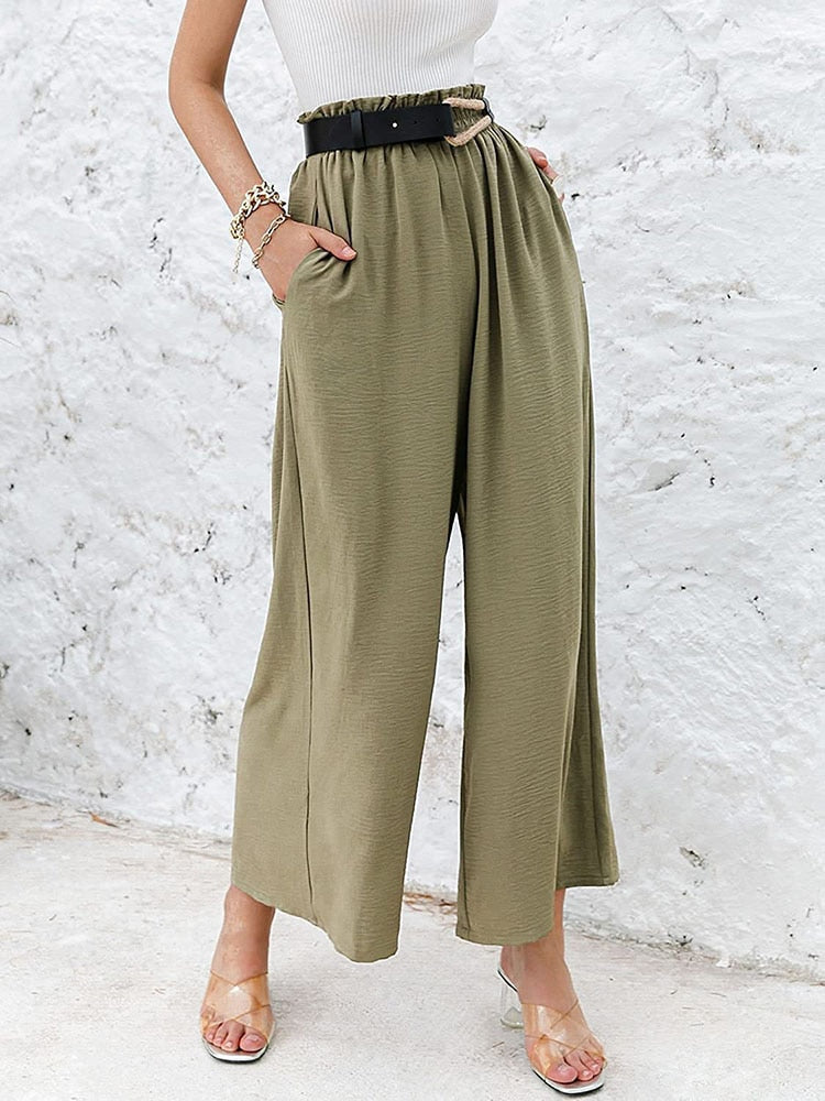 Hulianfu Autumn Summer Fashion Cotton Linen Pants Women Solid Fungus Edge High Waist Women's Trousers Wide Leg Casual Pants