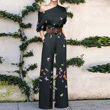 hulianfu Women Commute Fashion Jumpsuits Summer Printed Casual One Shoulder Short Sleeve Wide-leg Pants Playsuits Elegant Holiday Rompers