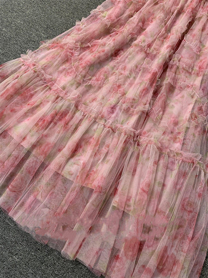 hulianfu hulianfu Vacation Floral Print Long Dress Women Short Sleeve Boho Fairy 3 Layers Mesh Pink Fit Flare Party Vestidos Runway Clothes F281