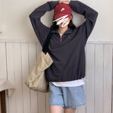 Vintage Women Sweatshirt Autumn Casual Loose Solid White Zip Up Polo Collar Basic Winter Female Oversized Tops Pullover Hoodies