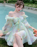 Hulianfu France Sweet Tie-dyed Fairy Dress Women Elegant Chic Ruffles V-Neck Long Sleeve Princess Dresses Female Casual Beach Vestidos