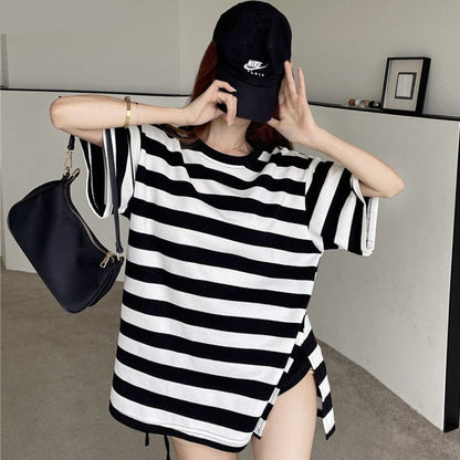 Hulianfu Striped T-shirts Women Slit M-4XL Streetwear Loose Summer Simple Short Sleeve All-match Students Ulzzang Fashion Casual Ins BF