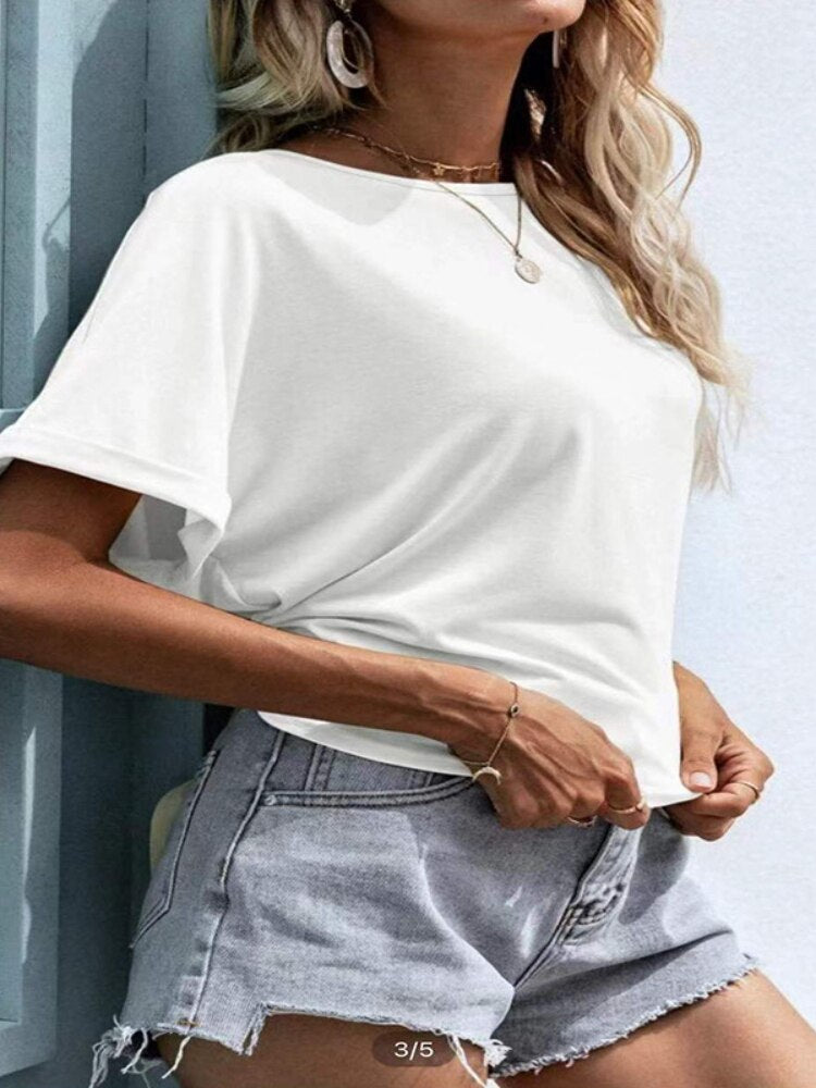 Summer New Women's T-shirt Solid Color Round Neck Bow Loose Casual Sports Outing All-match Short-sleeved T-shirt  Woman Tshirts