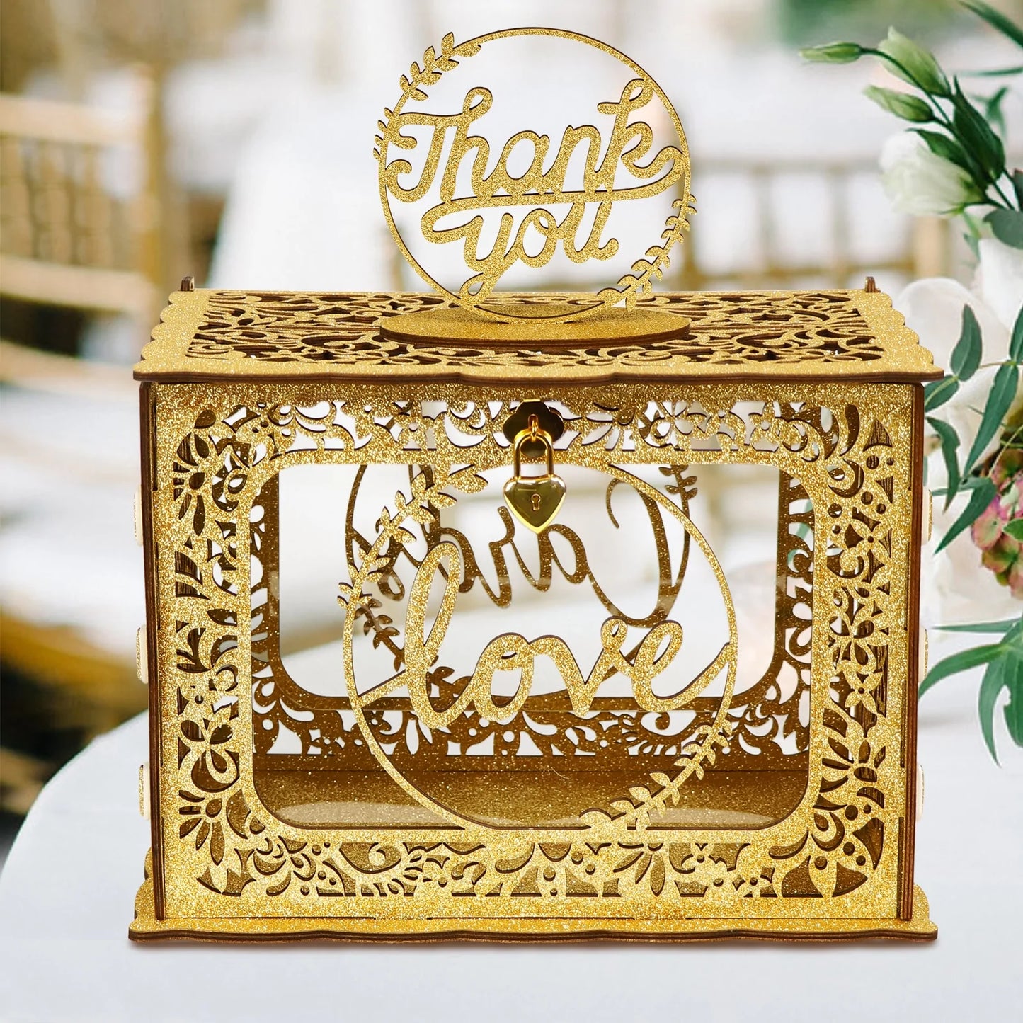 HULIANFU OurWarm Gold Wedding Card Box with Lock Wood Gift Box Holder with Clear Acrylic and String Light Design for Party Decorations