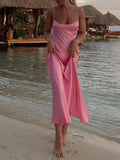 hulianfu Pink Camis Long Dresses Women Satin Cut Out Sleeveless Slip Dress Female Backless Sexy Party Dresses Summer Slit Midi Dress