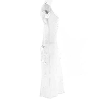 hulianfu hulianfu Sexy Hollow Out Midi Dress for Women Summer Elegant Chic V-Neck Slim Party Dress White Short Sleeve Casual Dress