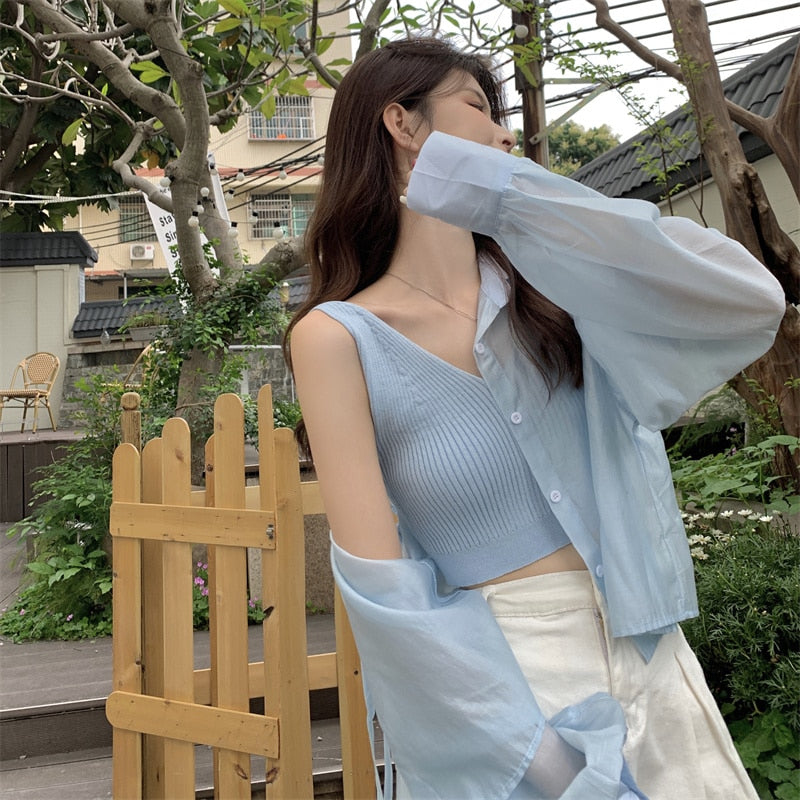 Hulianfu Shirts Women Hole Temperament Sun-proof Ins Vacation Thin Korean Style Sheer Off-shoulder BF Топ Женский Summer Students Beach