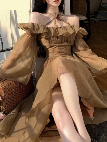 Hulianfu Fairycore Dress for Women 2023 Fashion Sweet Ruffle Slash Neck Backless Vintage Dress Elegant Long Sleeve Women Dress
