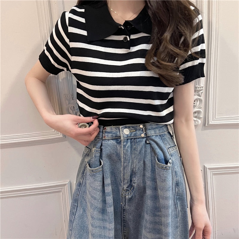 Hulianfu Summer Vintage Striped Polo Collar T Shirts Women's Knitted Short Sleeve Thin Cropped Tshirt Crop Top For Slim Girls
